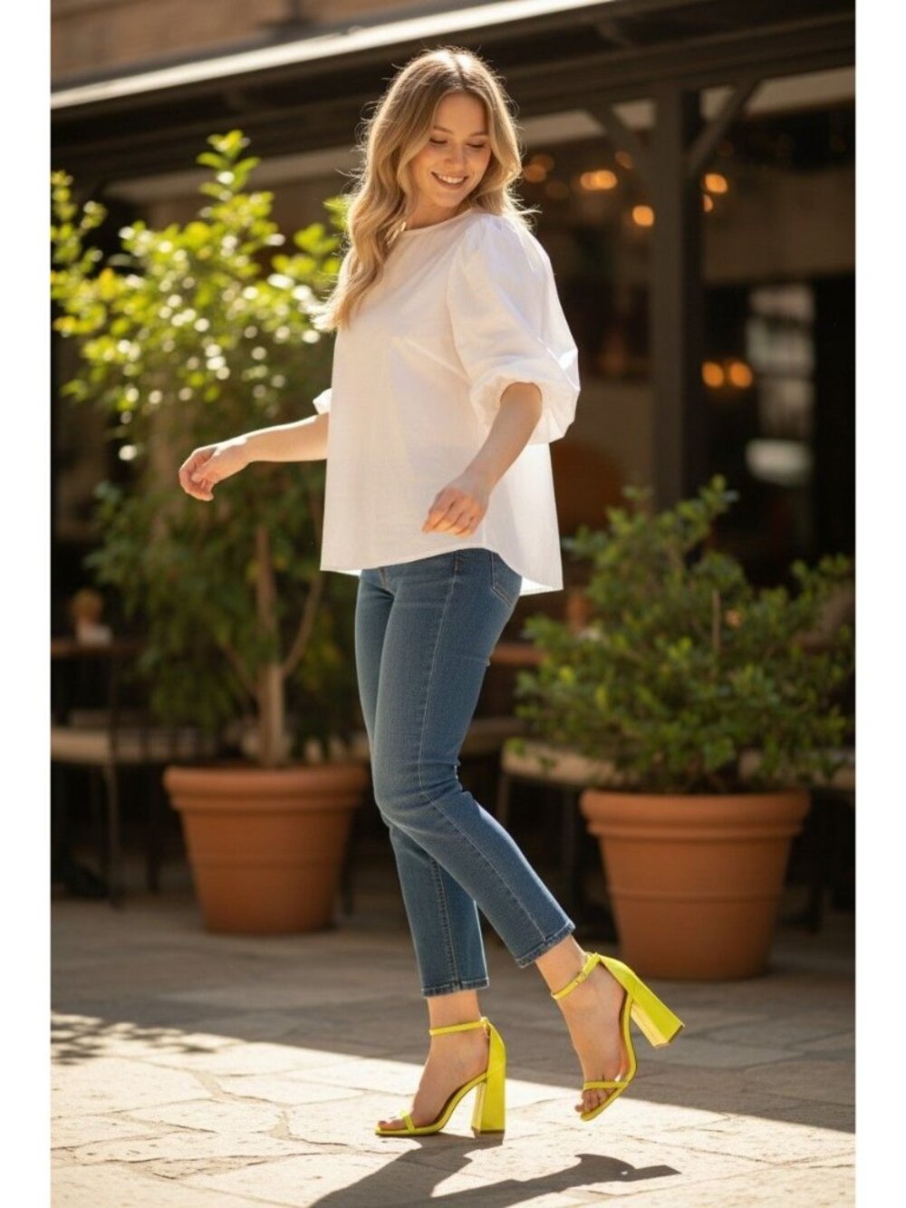 Neon Yellow Block Heel Sandals With Adjustable Ankle Strap Open Toe Design And G - Picture 6 of 15